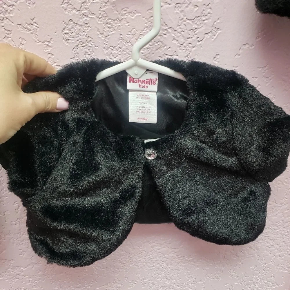 Nanette Kids Black Faux Fur Shrug with Rhinestone Button